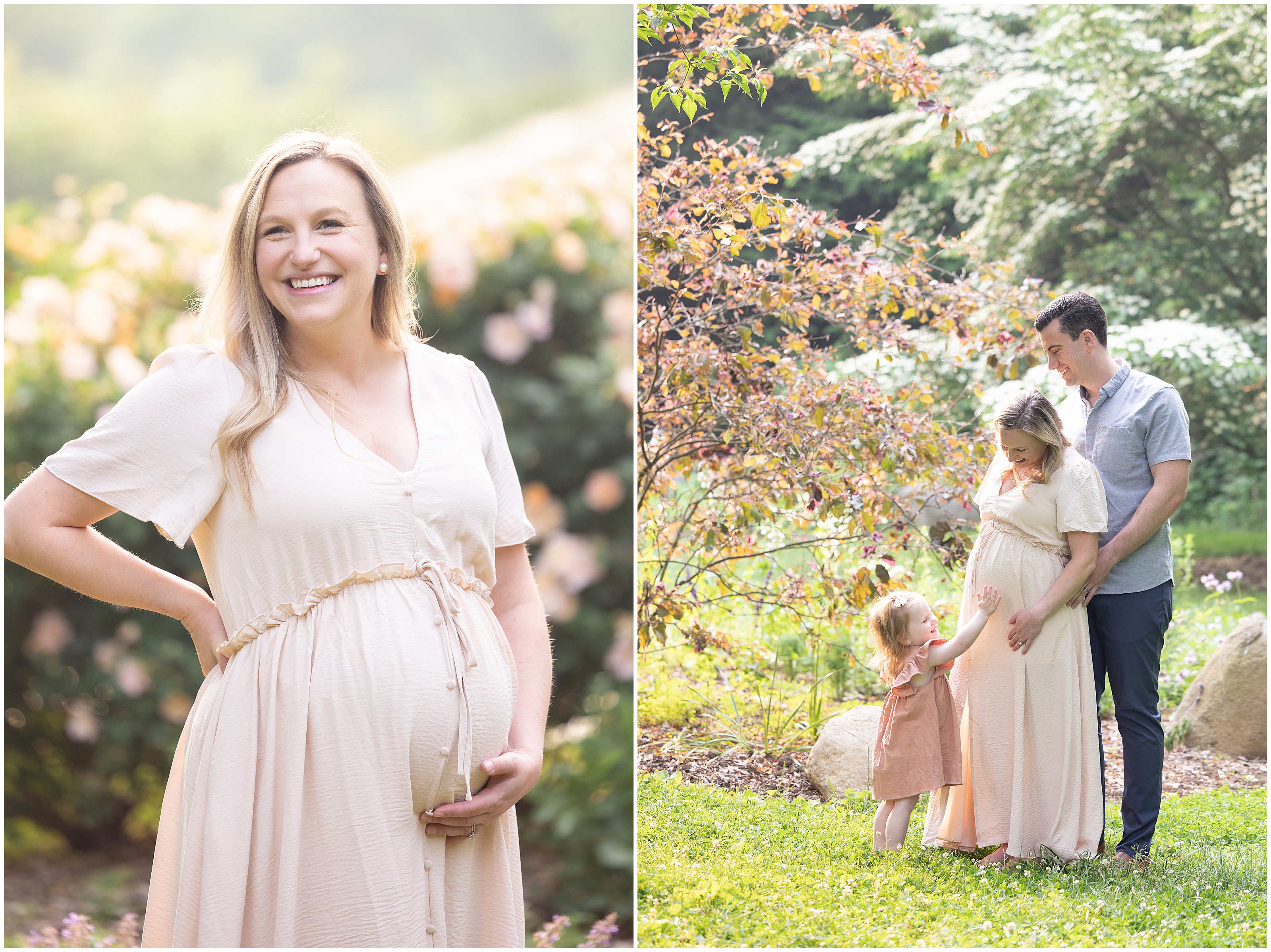 Smiling pregnant woman wearing a light pink dress poses in a sunlit garden, beside her husband and toddler touching her belly. Motherhood photography