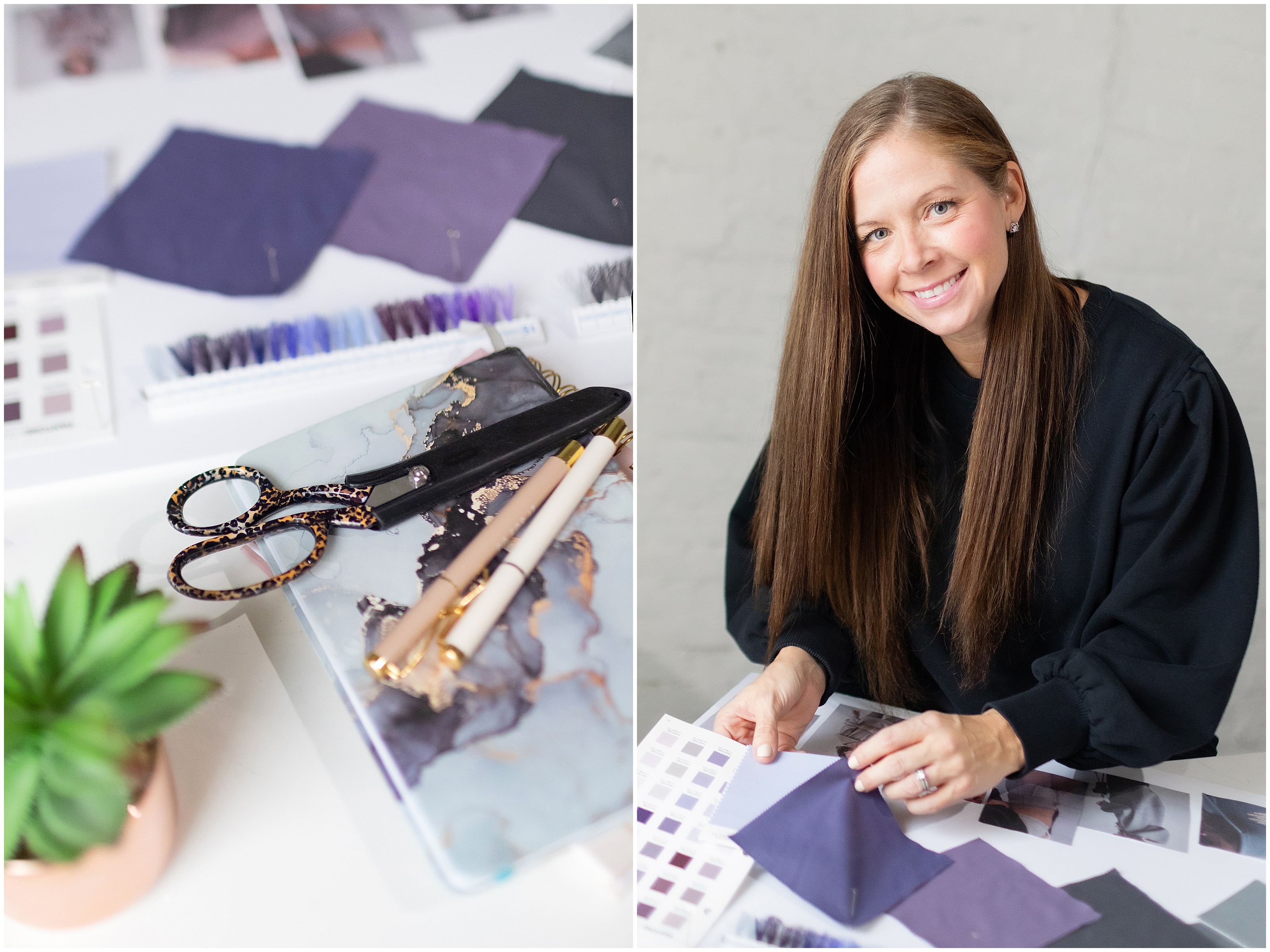 Smiling woman at a design desk compares purple fabric swatches, with scissors, pens and color samples spread out.