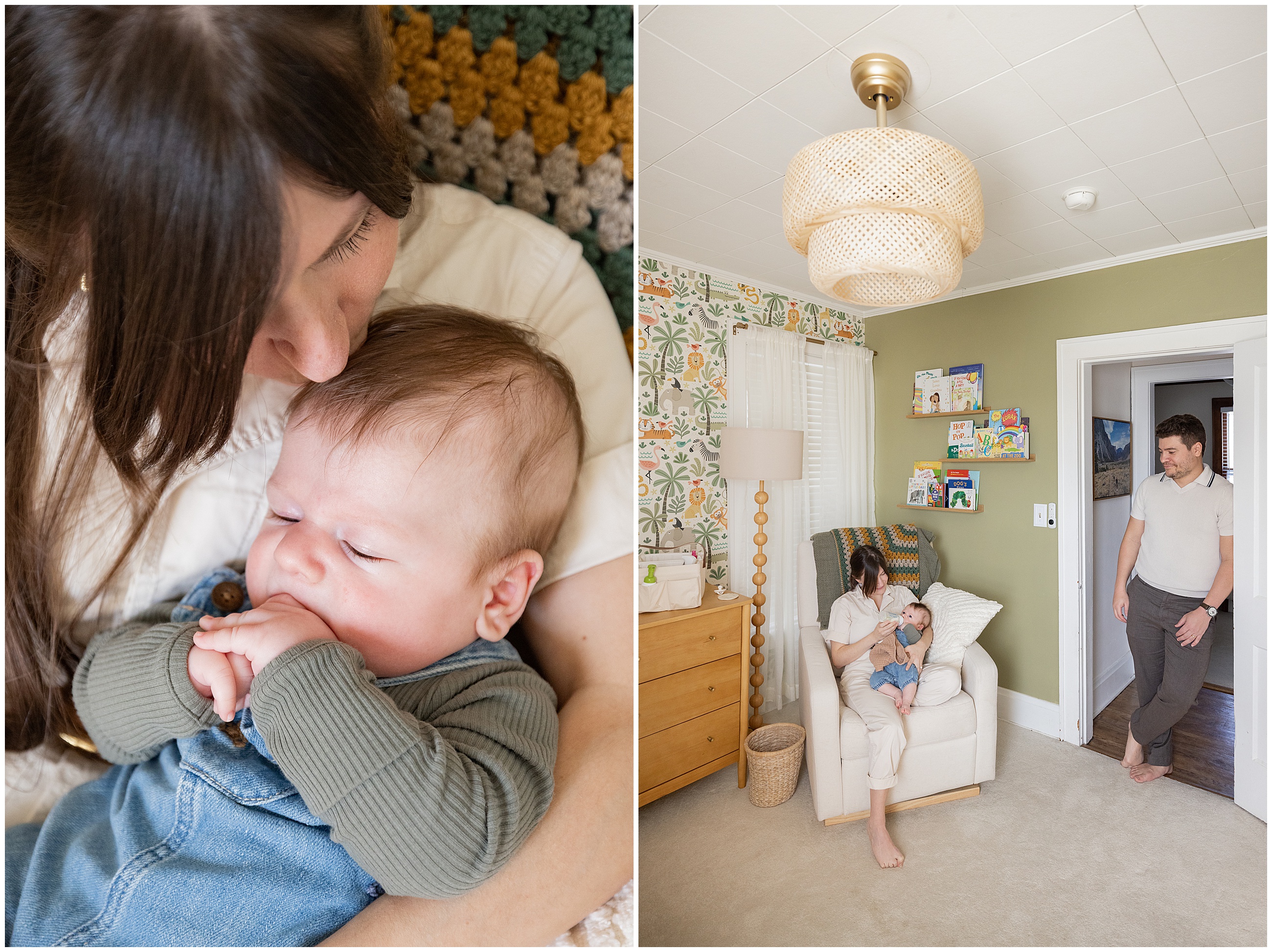 Mom cradles a baby in her arms on a chair in a cozy room with jungle themed wallpaper. A man stands in the doorway of the room, smiling warmly. Columbus Ohio newborn photography