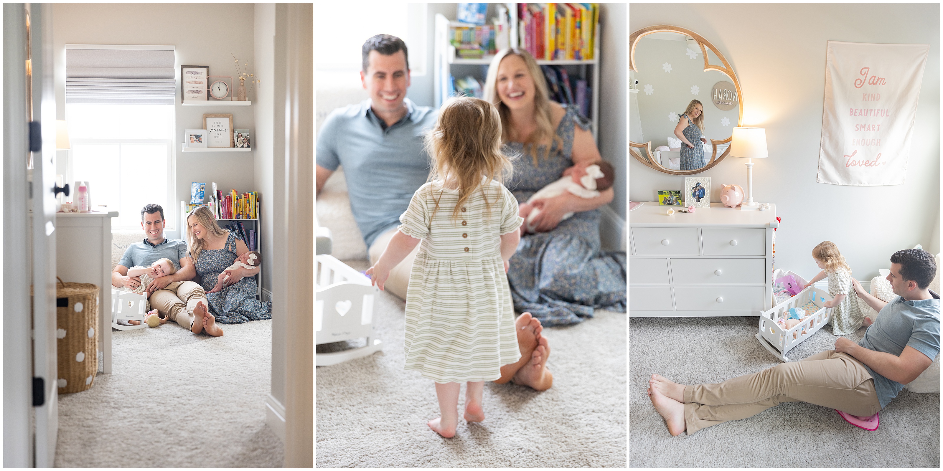 A series of three candid images, family of four, parents holding a newborn baby and smiling at their toddler girl, sitting on the floor of the baby'room, small bookshelves and toys in the background