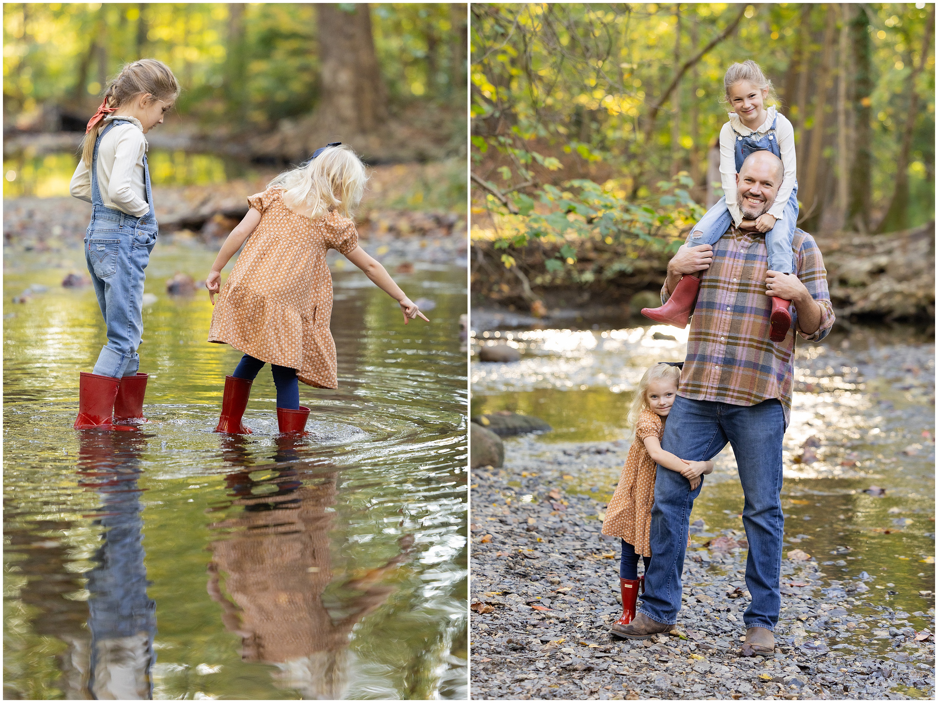 Two girls in red boots play in a creek; beside them, a smiling dad carries one daughter while the other hugs his leg in a wooded stream.