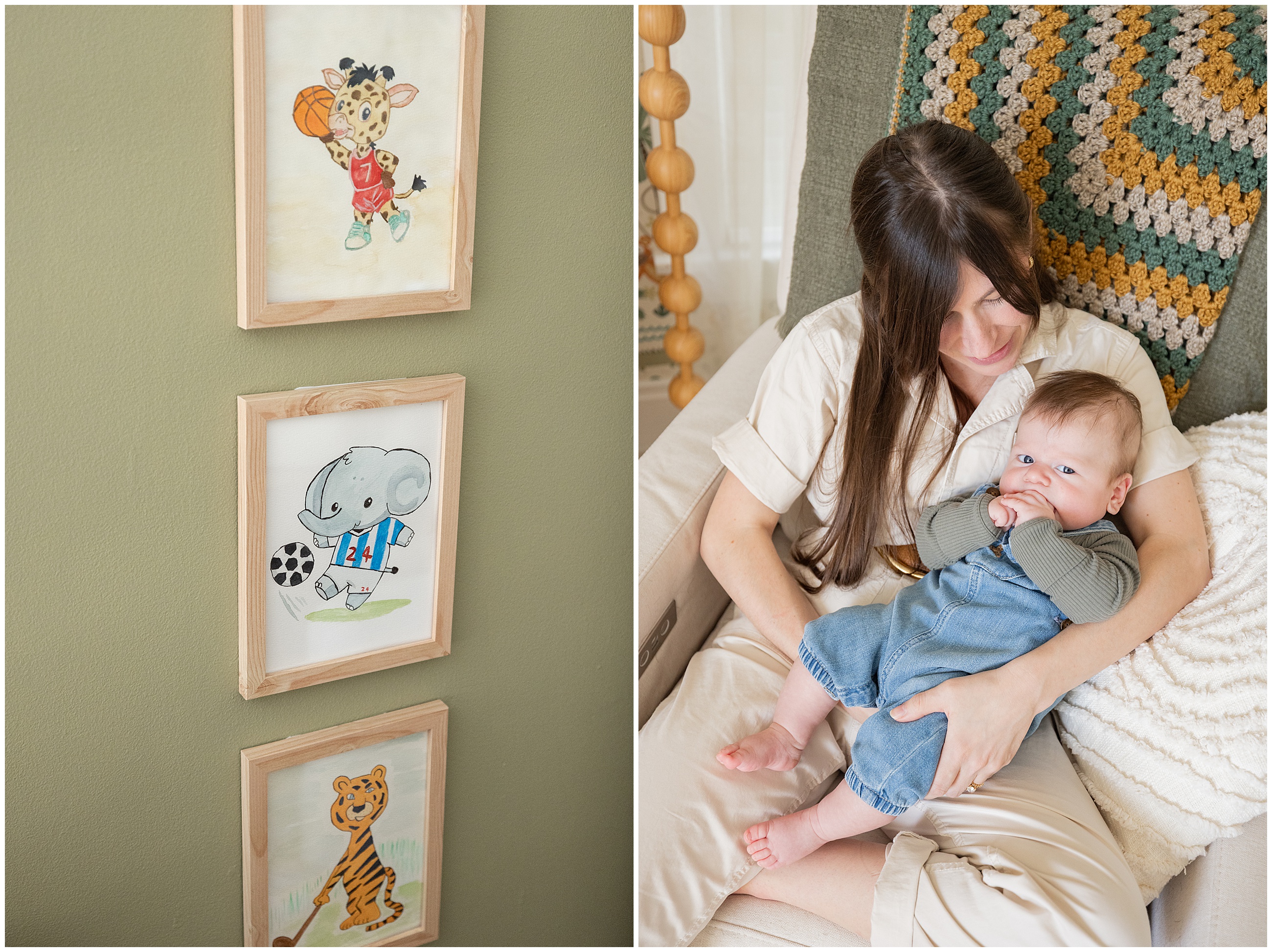 Woman cuddles a newborn baby on a chair with a crocheted blanket. Nearby, three framed animal illustrations on a green wall; warm, cozy atmosphere. Columbus Ohio newborn photography.
