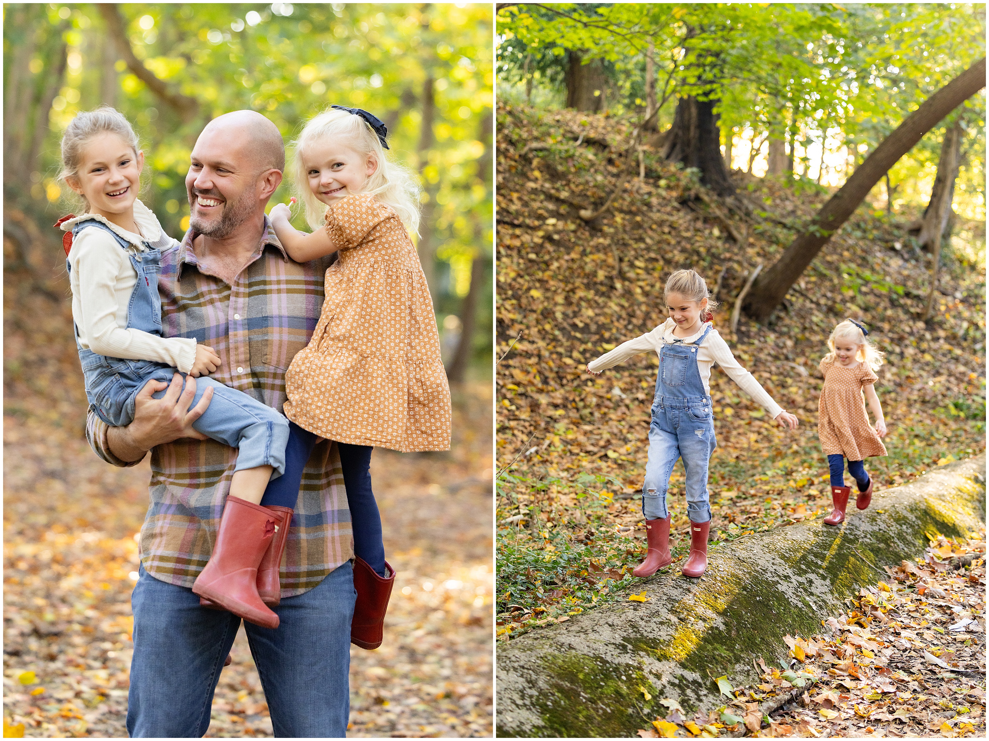 Split image: smiling man carries two girls in autumn woods; girls then balance and walk along a log in sunlit leaves. Family photography in Columbus, Ohio