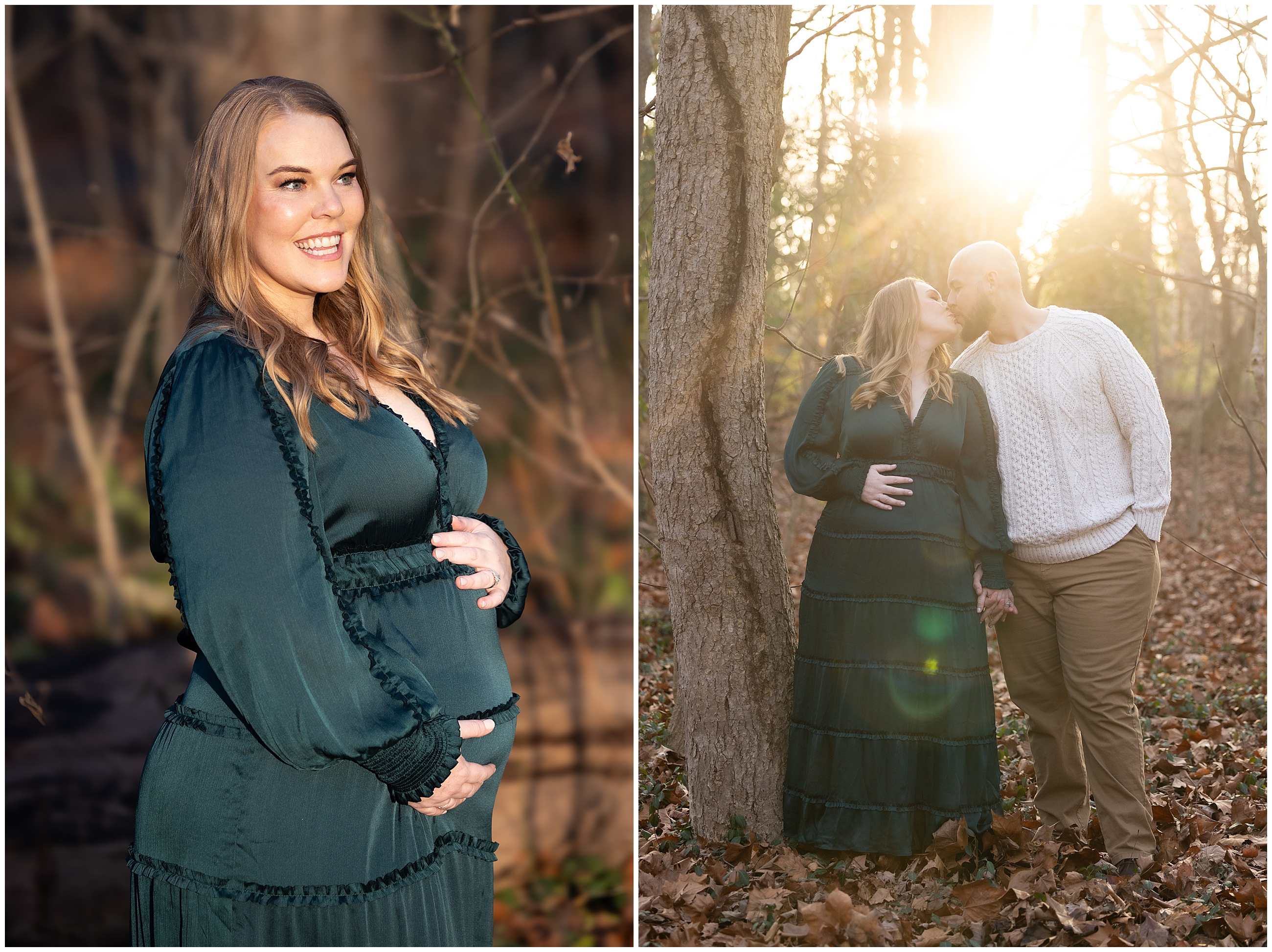Woman in green dress holds belly, smiling. The couple is backlit and the sun is creating light flares that glow behind them as they kiss. The woman wears a long dark green dress and the man is wearing a cream cable sweater. They are  surrounded by autumn leaves. Romantic mood.