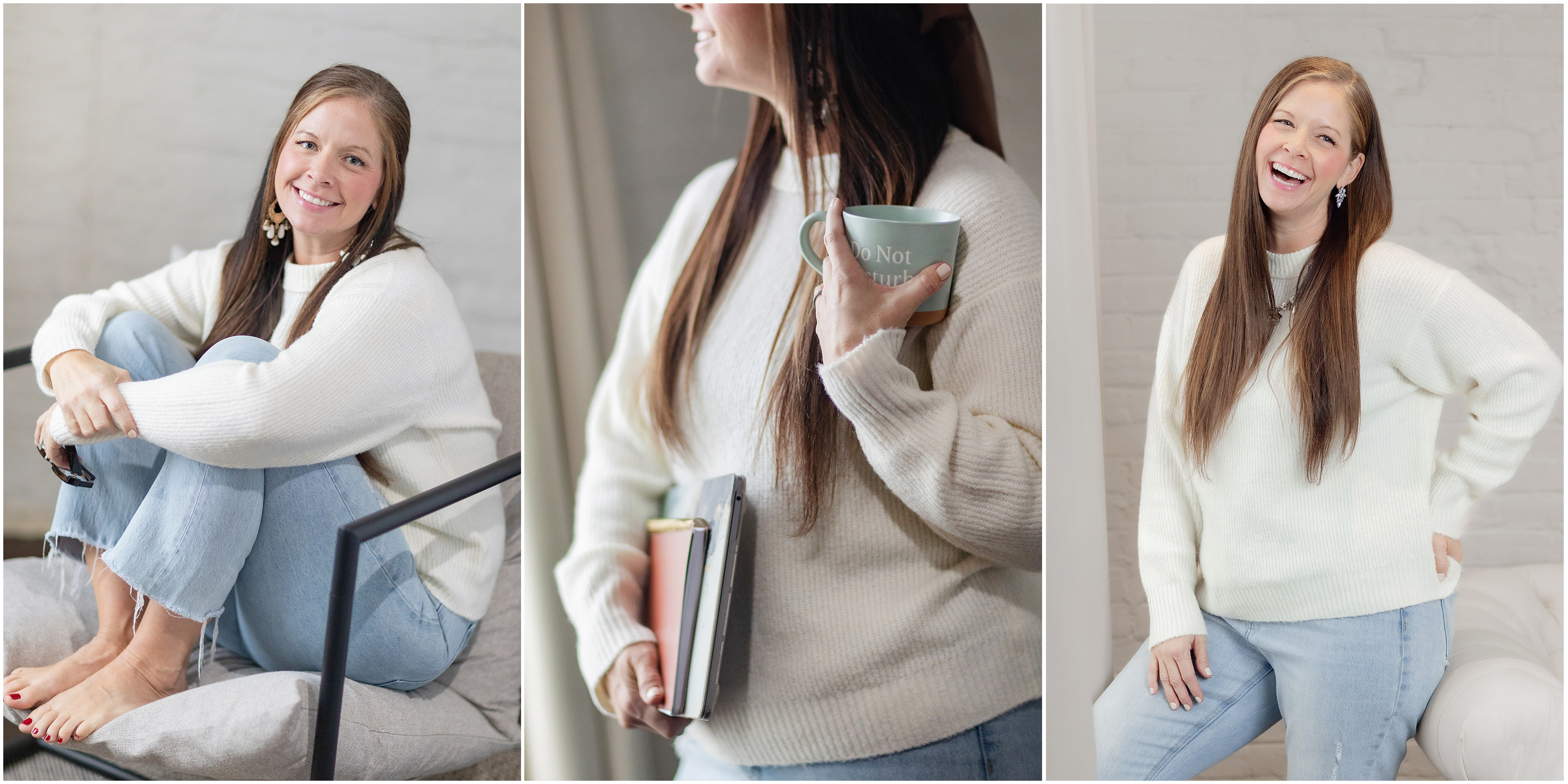 A collection of three images of a smiling woman dressed casually in jeans and a white sweater, holding books and a coffee mug, shot in a bright studio with white brick walls