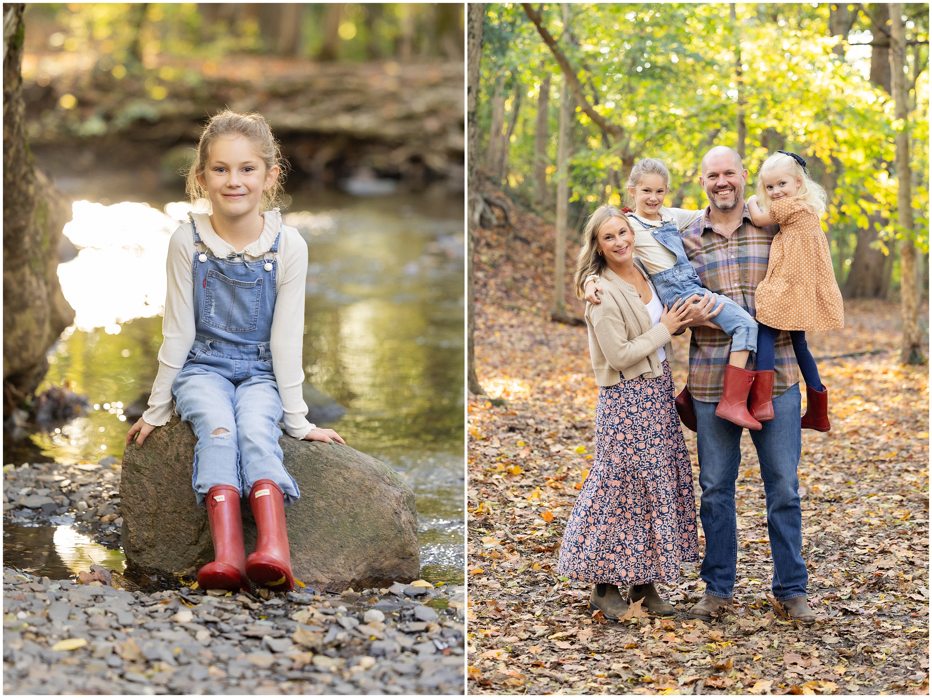 Split family portrait: girl in red boots by a creek; smiling parents hold two daughters in a sunlit autumn forest
