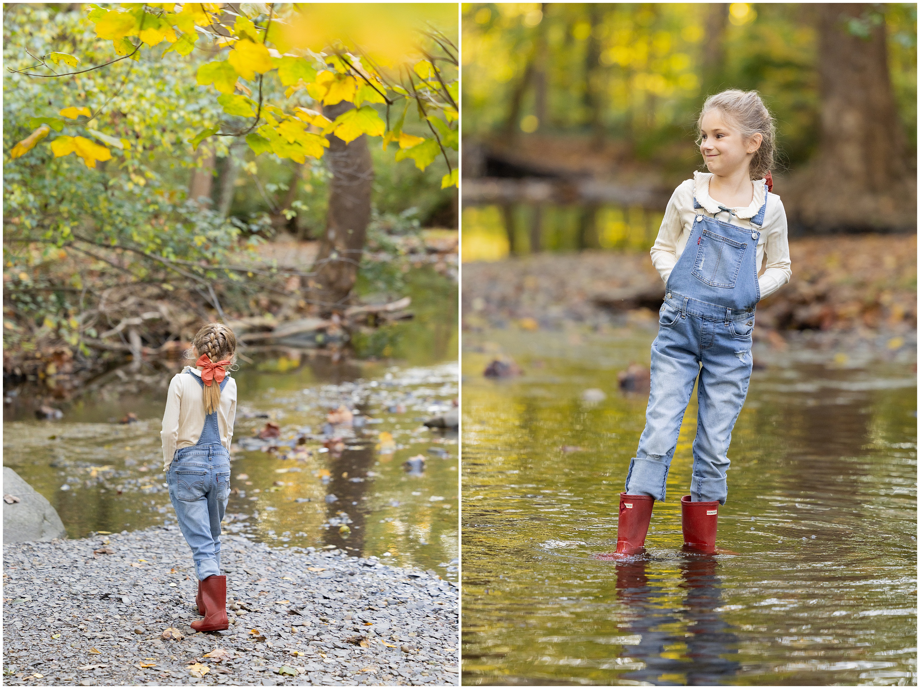 Split image of a smiling girl in denim overalls and red rain boots by a creek, standing on rocks and in shallow water amid autumn trees