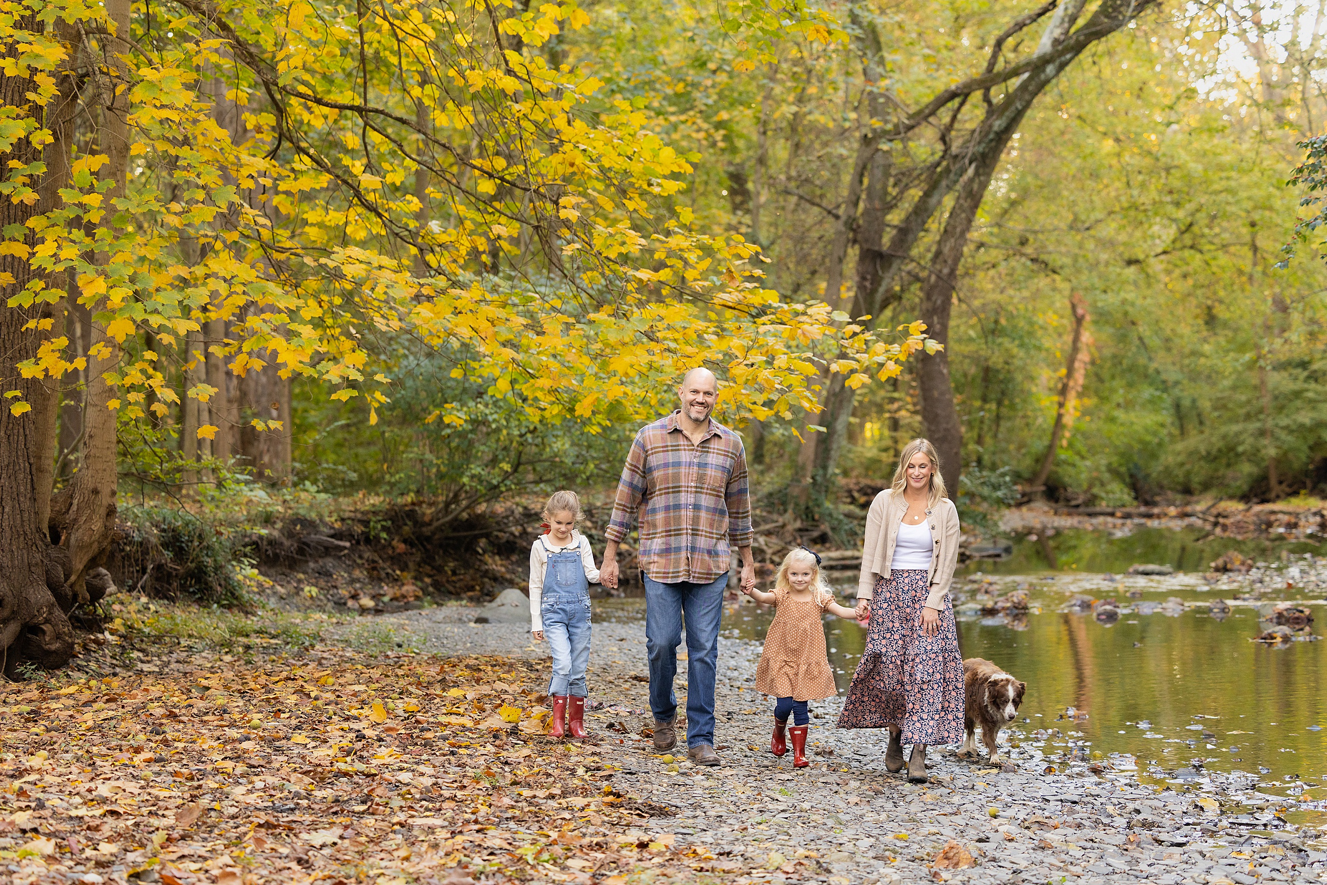 Family of four and a brown dog walking along a creekbed surrounded by colorful fall foliage