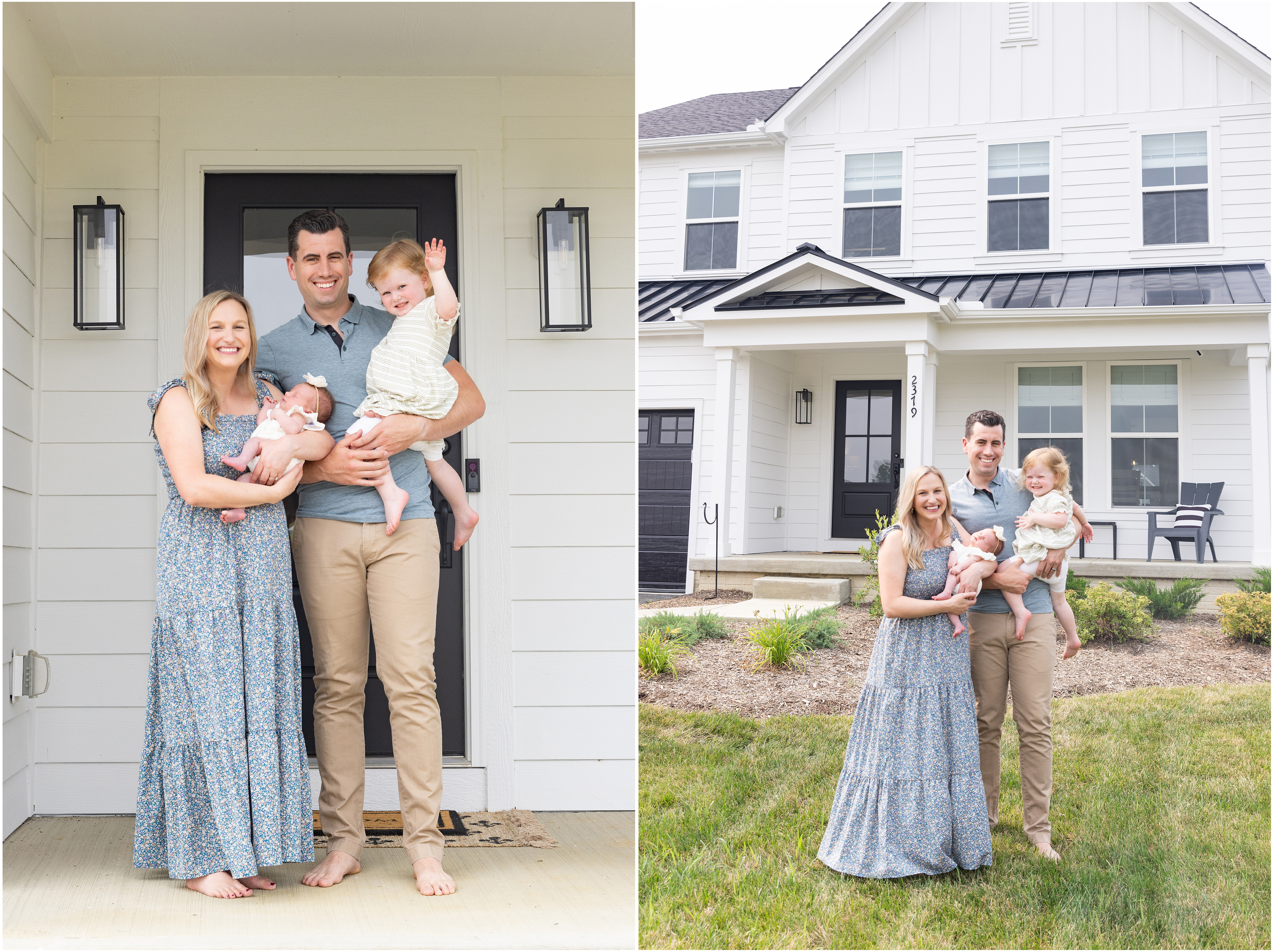 Smiling family of four on a porch and lawn outside a white house in a suburb neighborhood, toddler is waving 