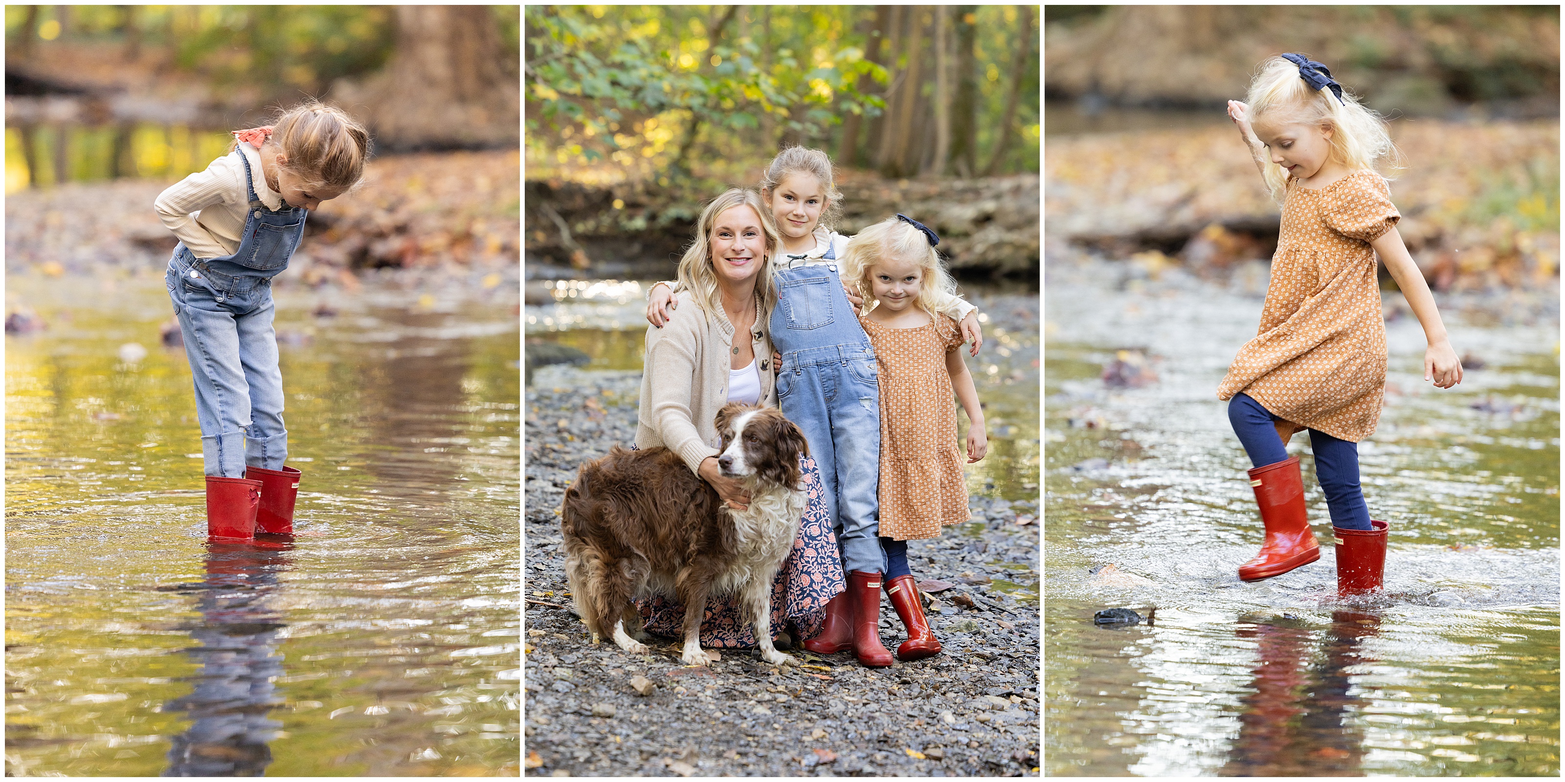 Three-panel family portrait by a wooded creek: two young girls in red boots, their mother, and two dogs, smiling and playing in water