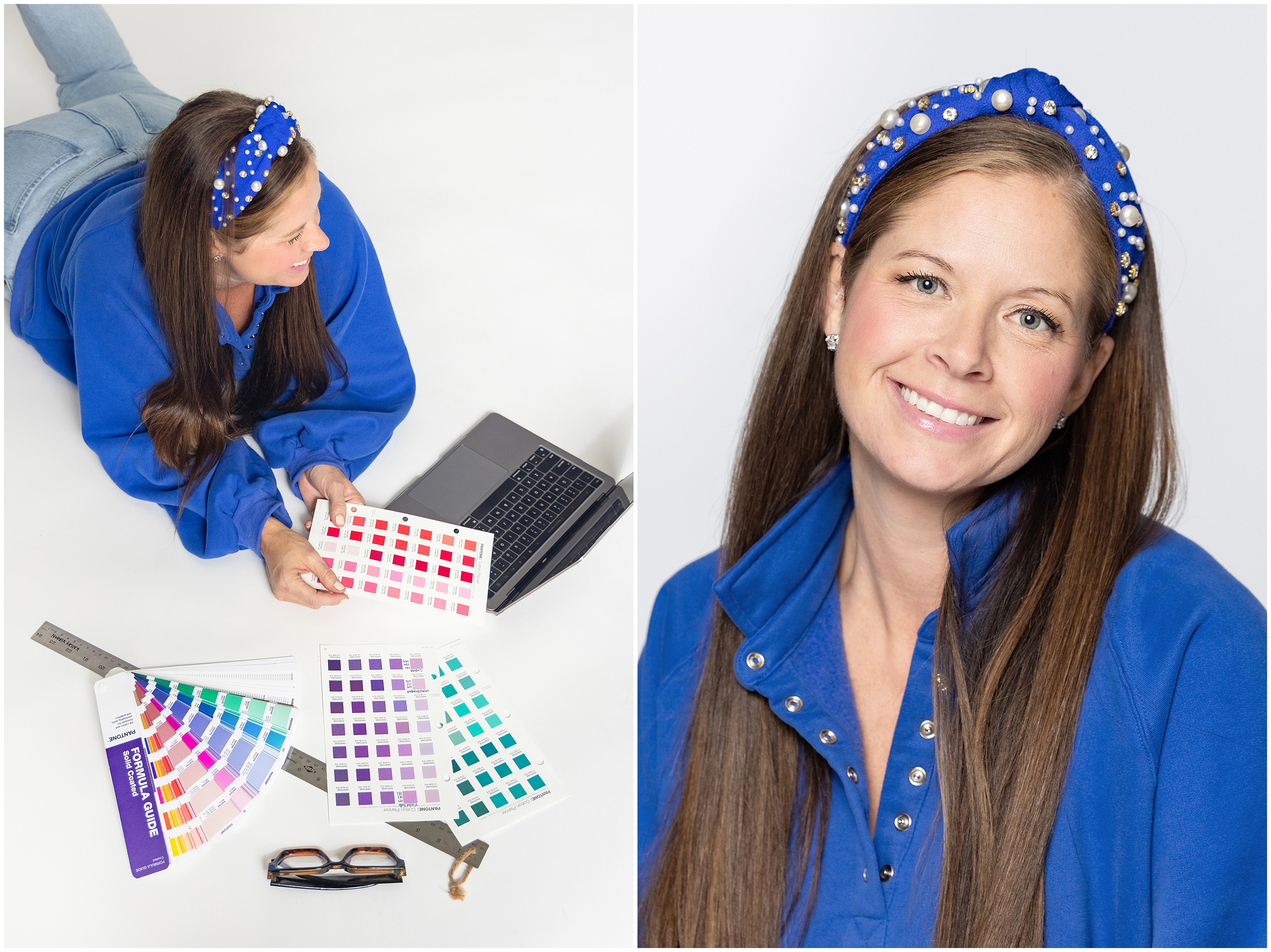 Two images shot in a studio of fashion designer. The woman is smiling and studying color swatches beside a laptop on a white background. One image is an overhead shot. Second image is a headshot of women looking directly into the camera.