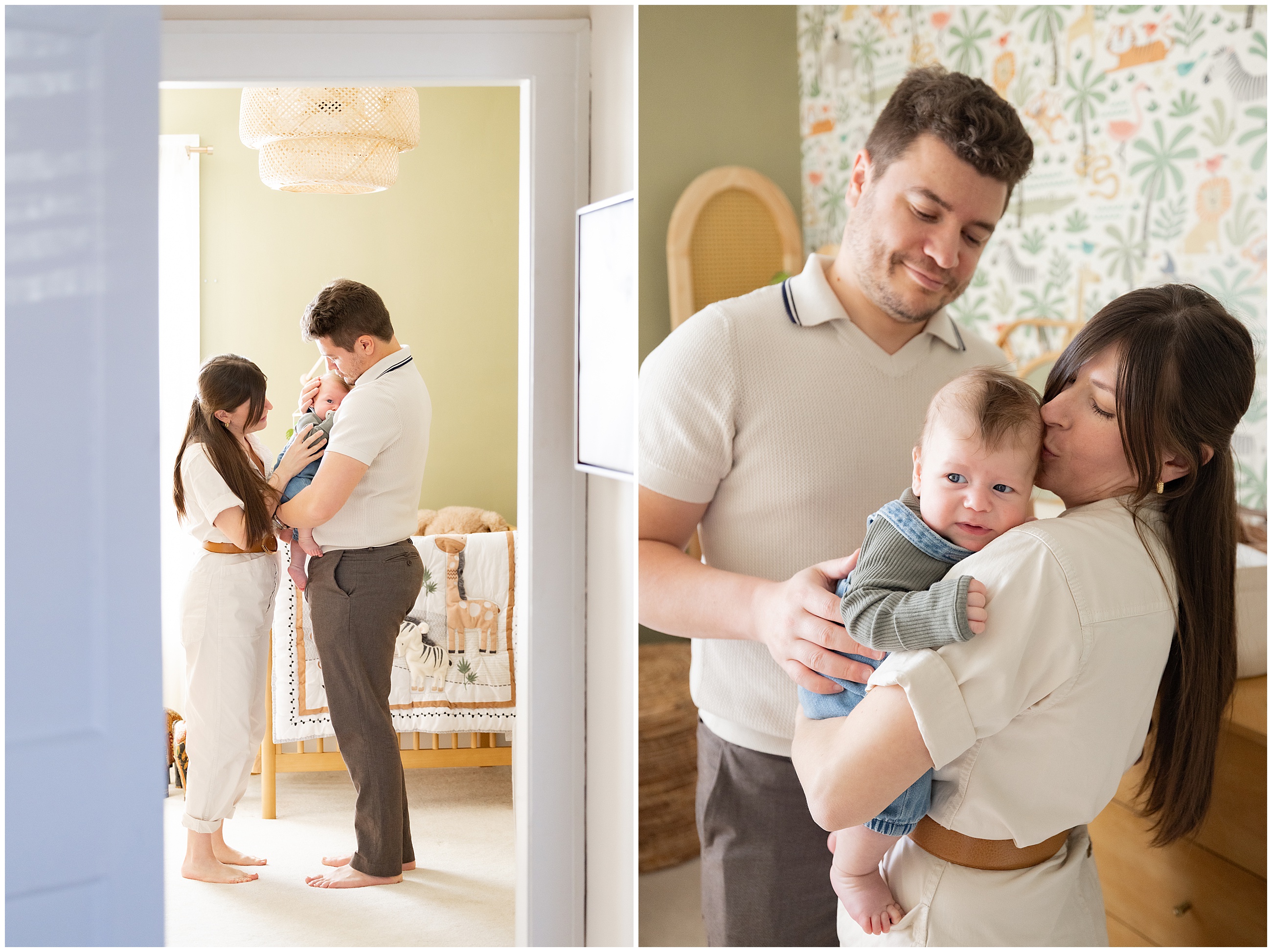 Parents lovingly holding a newborn baby in a cozy nursery with animal-themed decor. Warm lighting enhances the tender moment. Columbus, Ohio newborn photographer.