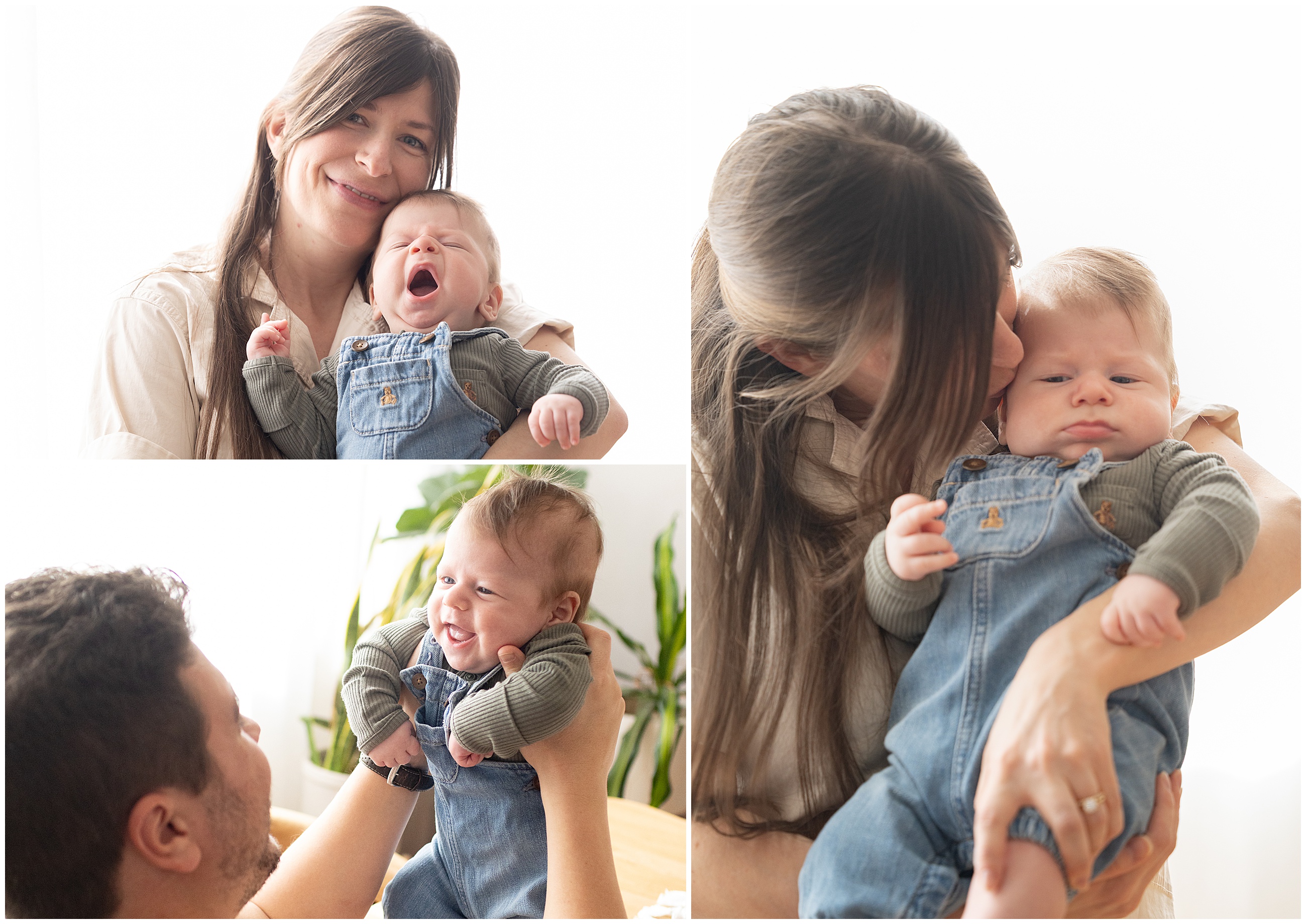 Woman cradling a baby in denim overalls, both smiling in a bright room. Another image shows a man lifting the smiling baby. Warm, joyful mood. Columbus Ohio newborn session.