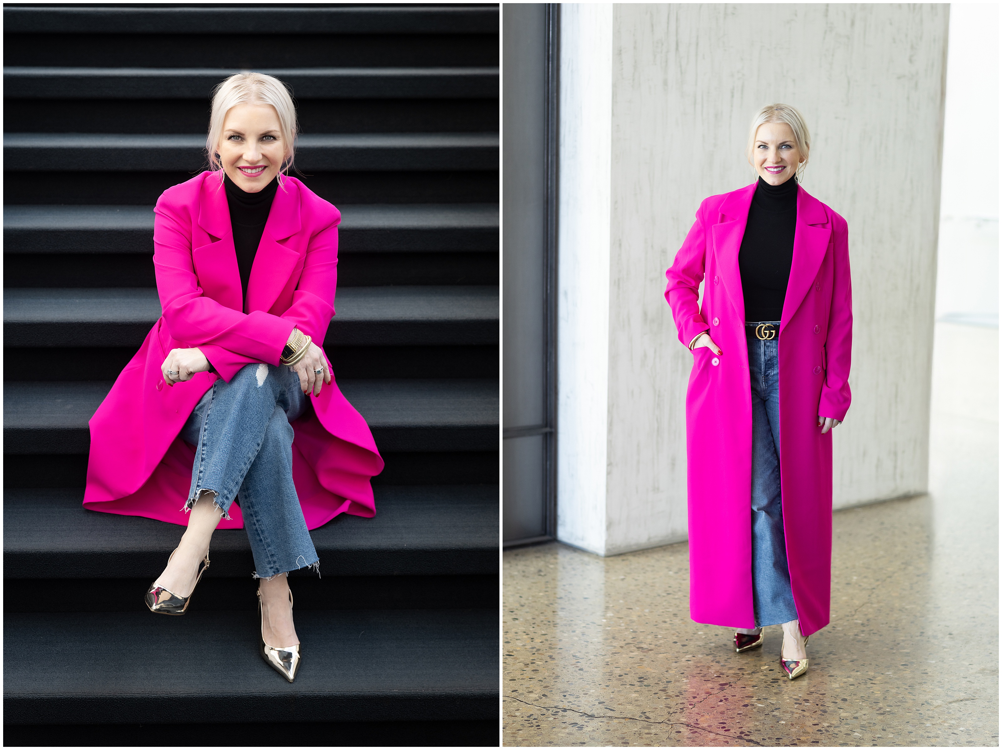 Split image of a blonde woman smiling confidently wearing a hot pink coat and jeans, sitting on black stairs with legs crossed and standing in a bright hallway of an office building.