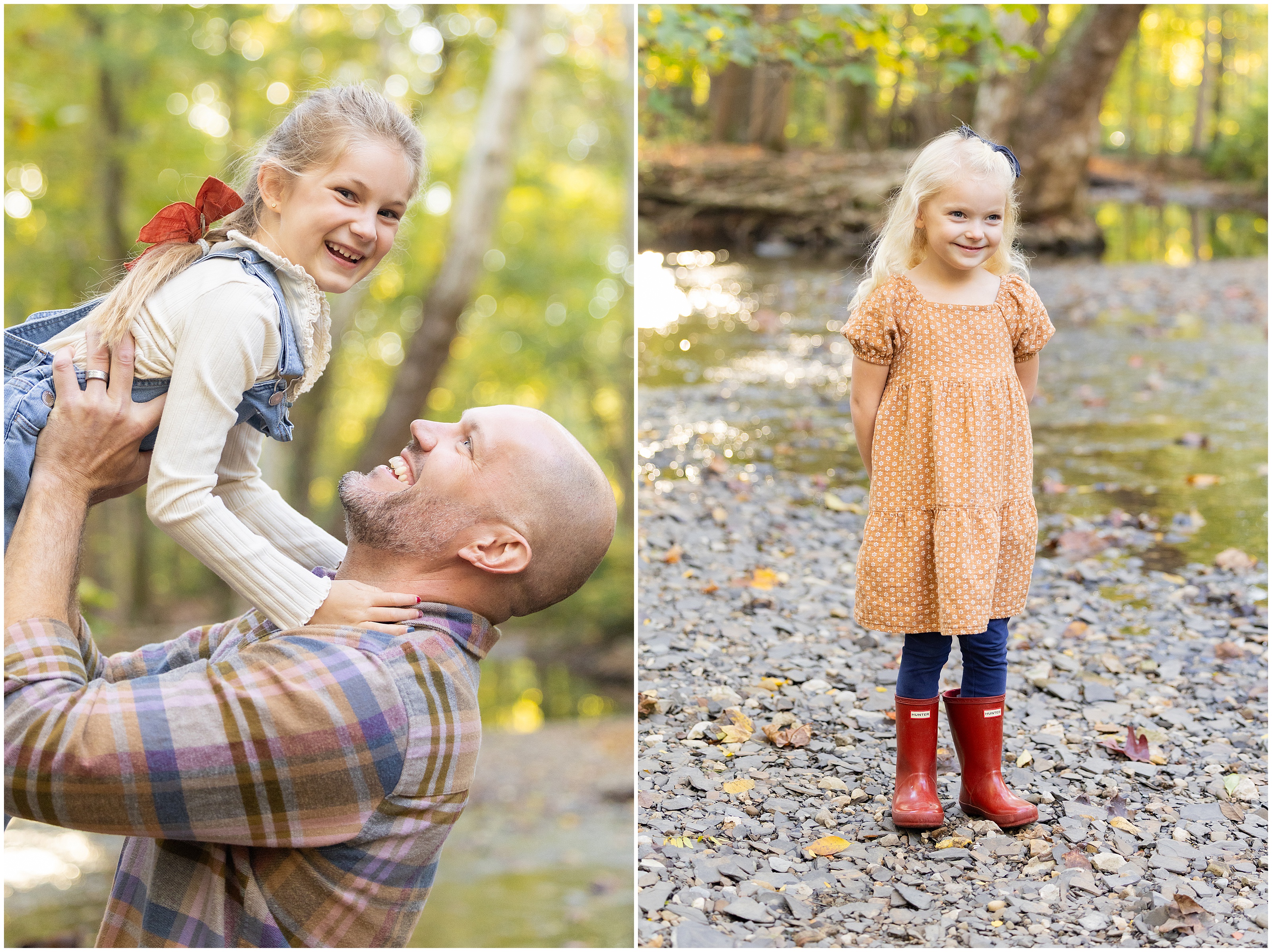 Split image of a smiling girl with dad in a wooded creek and standing alone in an orange dress and red rain boots.
