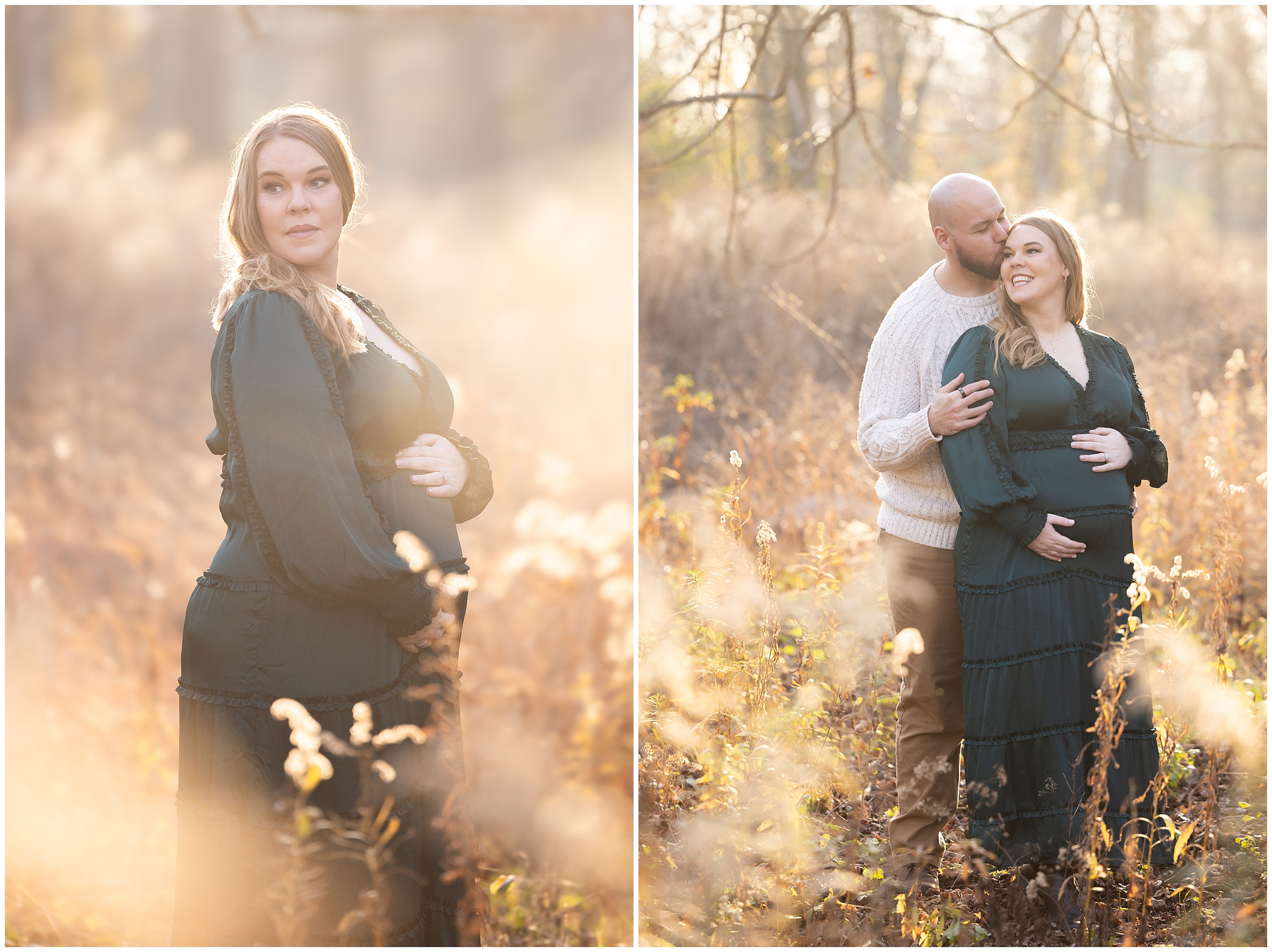 Pregnant woman in a green dress stands in a sunlit field; in the second image, a man gently kisses her head, creating a warm, serene mood. Tall wispy grass is in soft focus framing them. Columbus, Ohio maternity photographer.