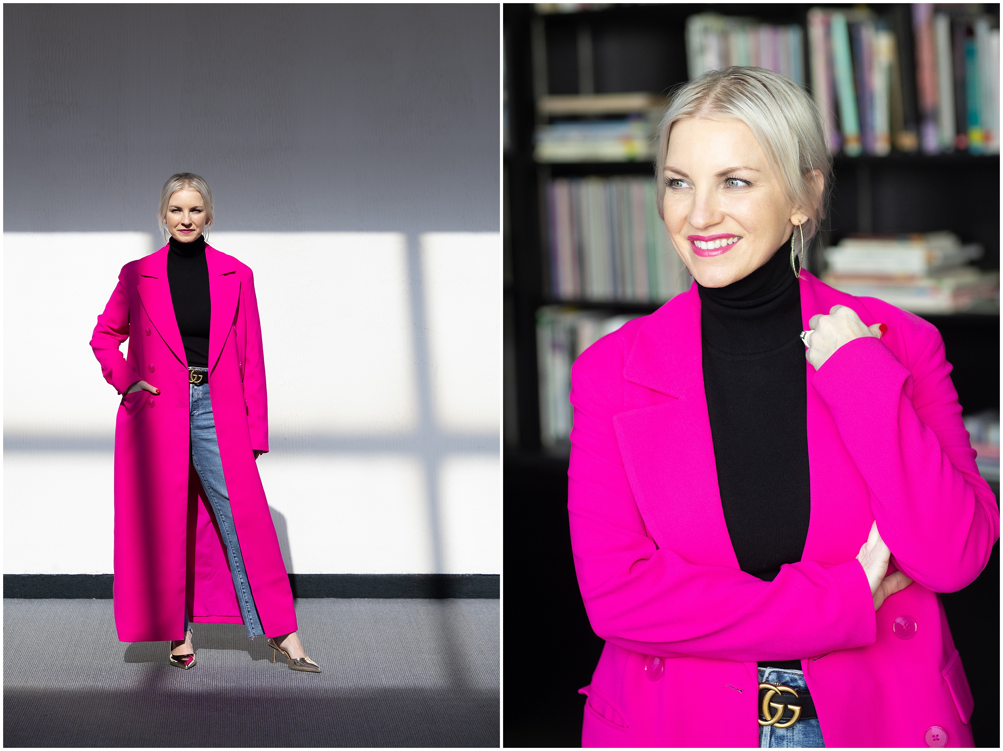 Blonde woman wearing a long bright pink coat and black turtleneck poses indoors; full-body and close-up against a bookshelf with dramatic lighting and shadows.