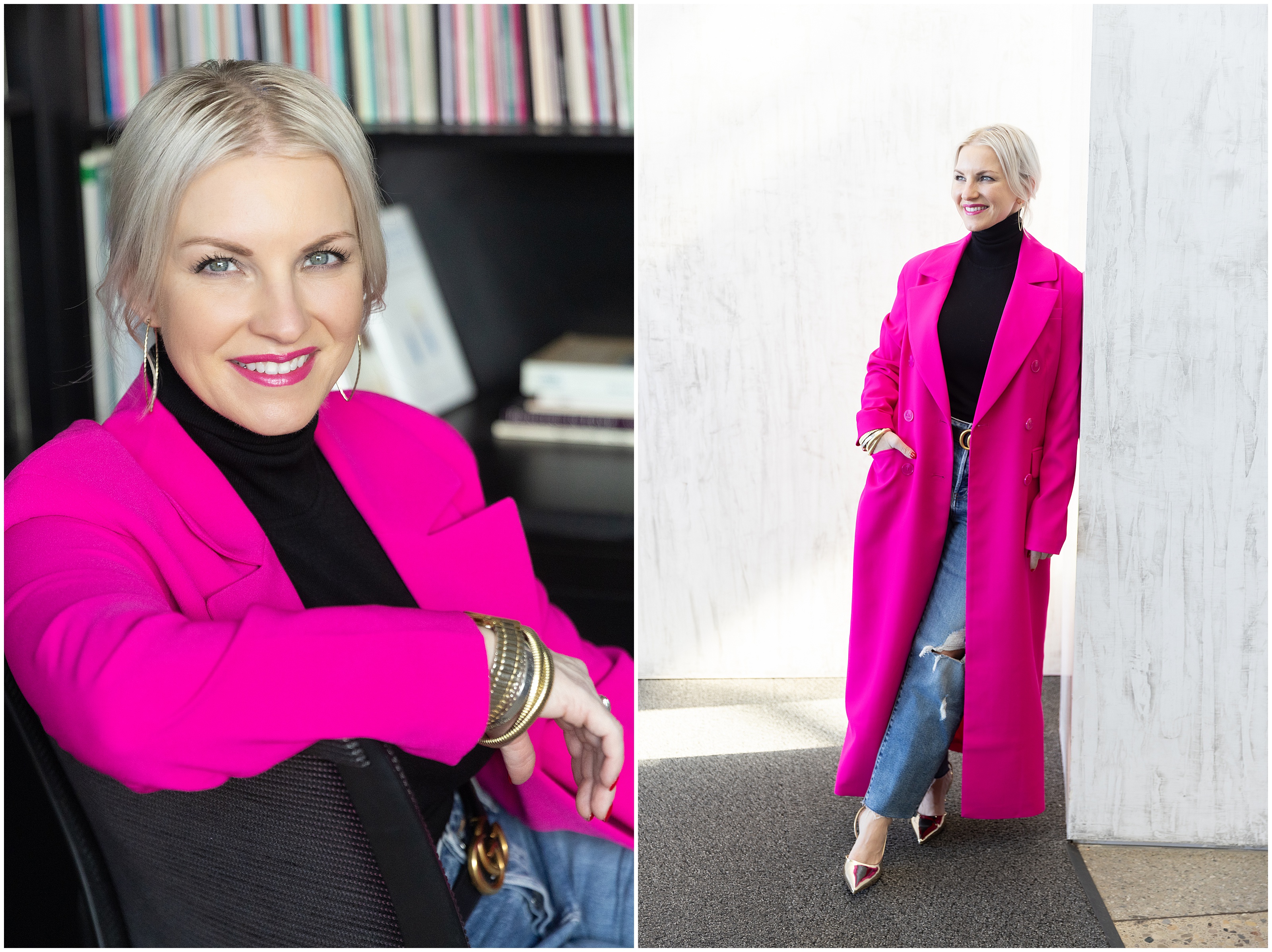 Blonde woman smiles in hot pink coat and black turtleneck; portrait collage with bookshelf background and bright white wall.