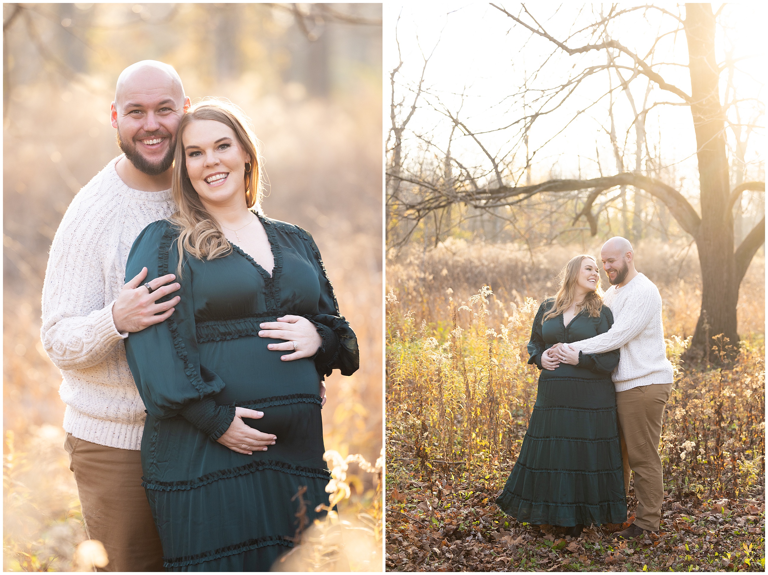A couple smiles in a sunlit field; she wears a dark green dress, holding her belly, while he wraps his arms around her in a loving embrace. Columbus, Ohio maternity photographer.