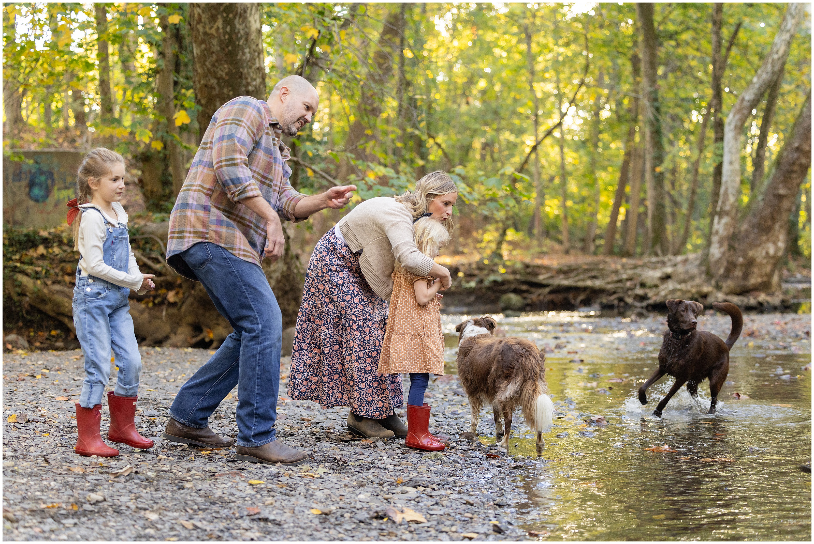 Family with two children and two dogs playing by a wooded creek, one dog splashing in shallow water on a sunny fall day